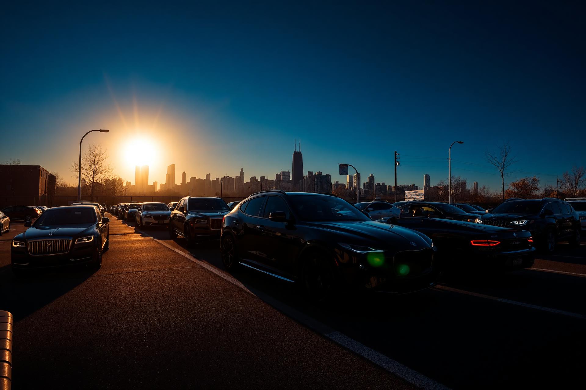 Luxury and everyday vehicles with the Chicago skyline at golden hour